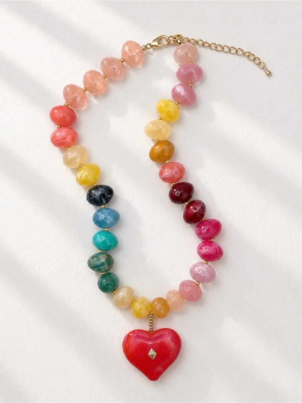 Multi Colored Rainbow Heart Pendant Beaded Necklace